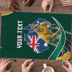 Personalized Kookaburras Field Hockey Kangaroo Puzzle Australian Flag Map With Abstract Green And Gold Wave Pattern