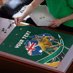 Personalized Kookaburras Field Hockey Kangaroo Puzzle Australian Flag Map With Abstract Green And Gold Wave Pattern