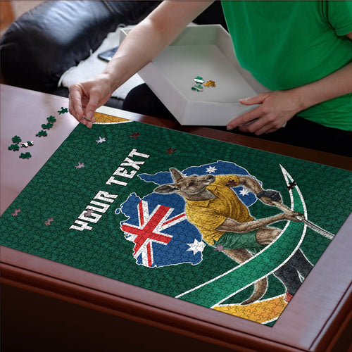 Personalized Kookaburras Field Hockey Kangaroo Puzzle Australian Flag Map With Abstract Green And Gold Wave Pattern