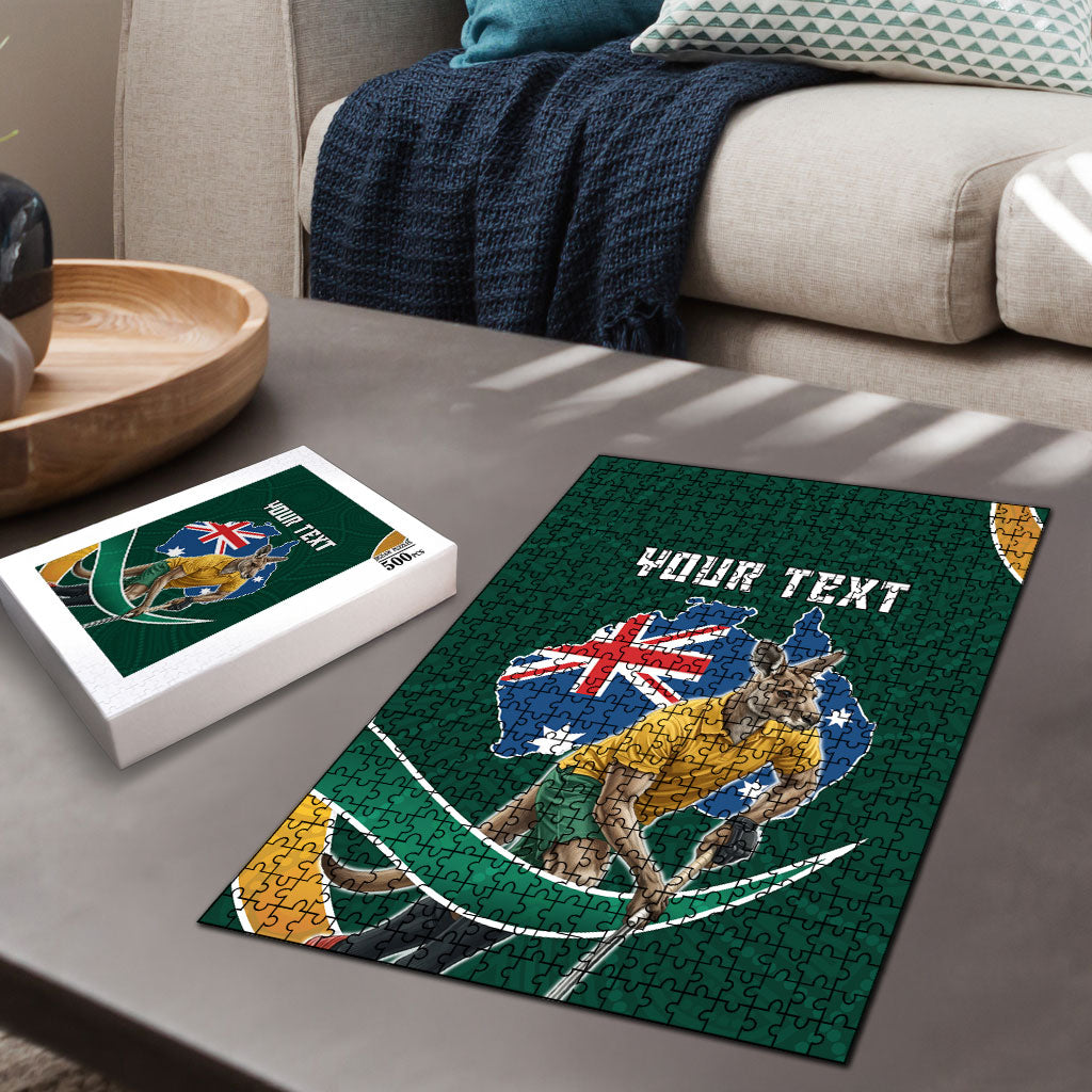 Personalized Kookaburras Field Hockey Kangaroo Puzzle Australian Flag Map With Abstract Green And Gold Wave Pattern