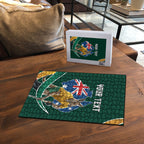 Personalized Kookaburras Field Hockey Kangaroo Puzzle Australian Flag Map With Abstract Green And Gold Wave Pattern