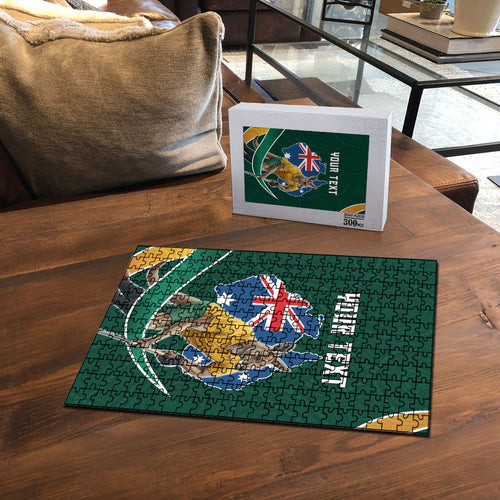 Personalized Kookaburras Field Hockey Kangaroo Puzzle Australian Flag Map With Abstract Green And Gold Wave Pattern