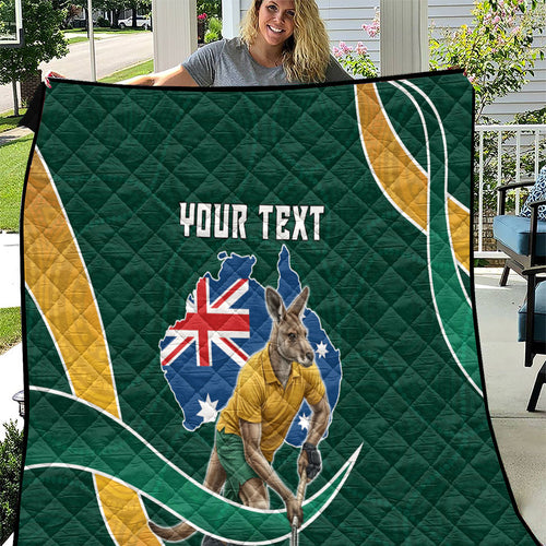 Personalized Kookaburras Field Hockey Kangaroo Quilt Australian Flag Map With Abstract Green And Gold Wave Pattern