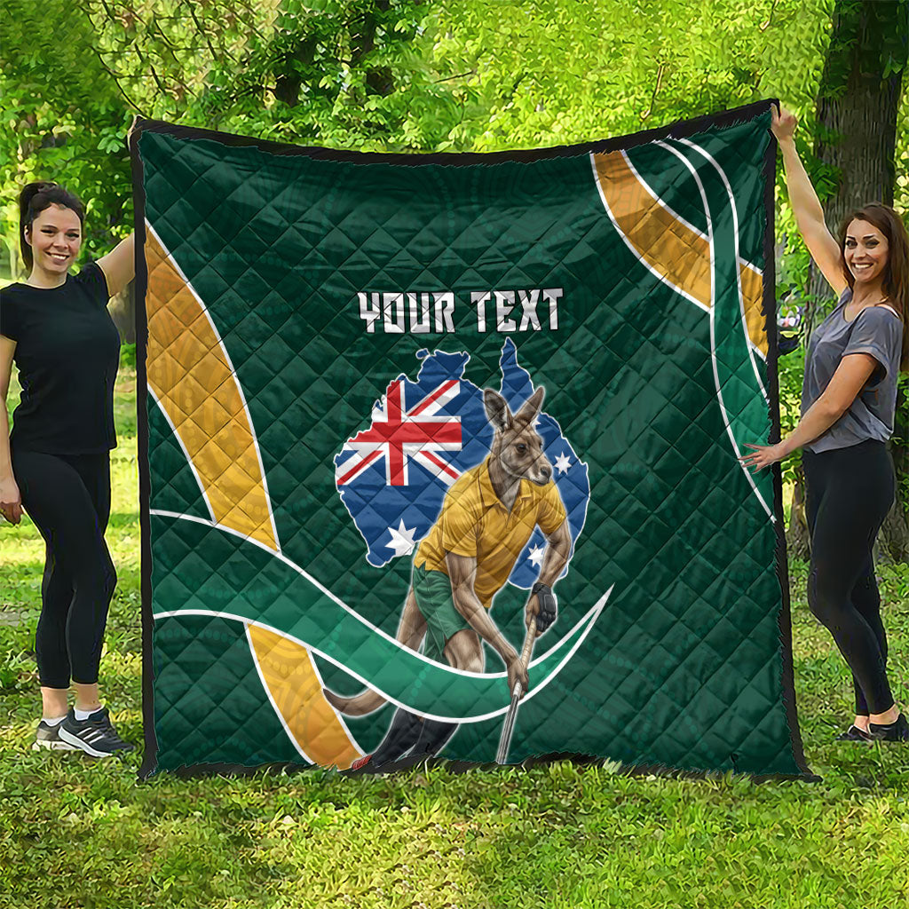 Personalized Kookaburras Field Hockey Kangaroo Quilt Australian Flag Map With Abstract Green And Gold Wave Pattern