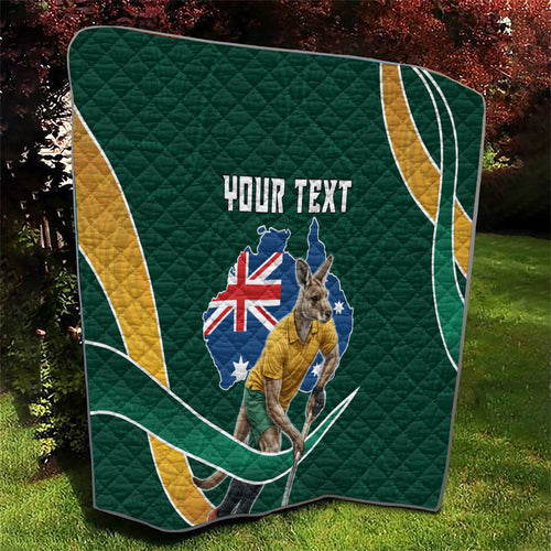 Personalized Kookaburras Field Hockey Kangaroo Quilt Australian Flag Map With Abstract Green And Gold Wave Pattern