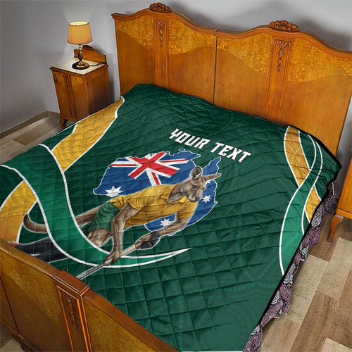 Personalized Kookaburras Field Hockey Kangaroo Quilt Australian Flag Map With Abstract Green And Gold Wave Pattern