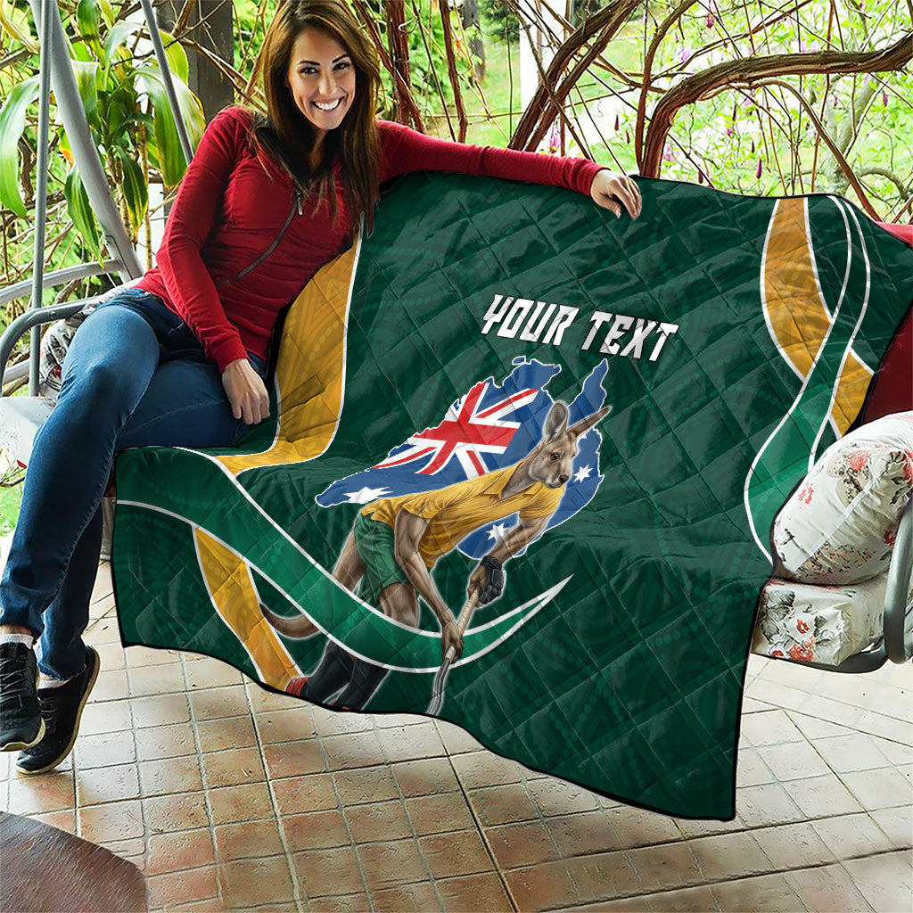 Personalized Kookaburras Field Hockey Kangaroo Quilt Australian Flag Map With Abstract Green And Gold Wave Pattern