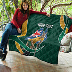 Personalized Kookaburras Field Hockey Kangaroo Quilt Australian Flag Map With Abstract Green And Gold Wave Pattern