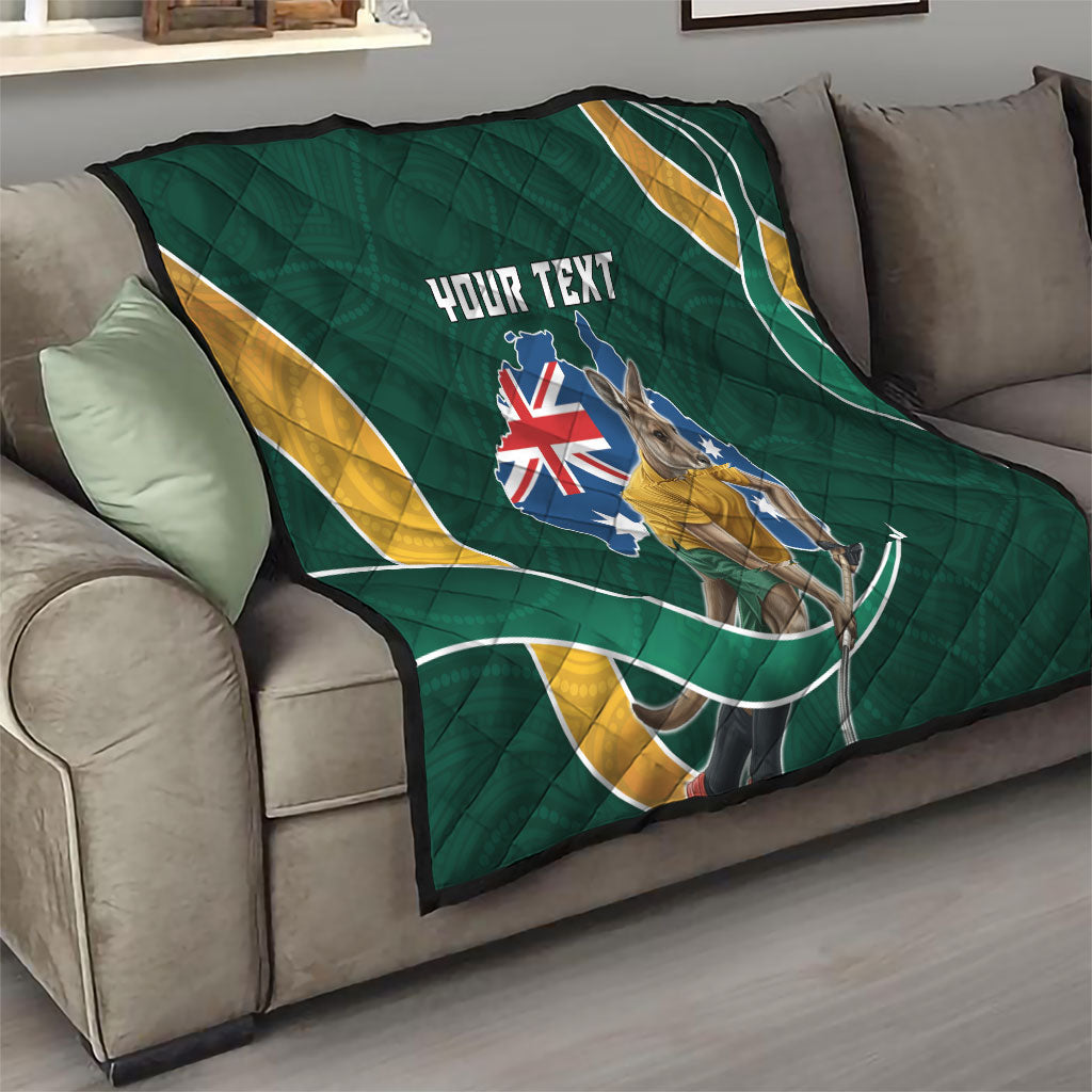 Personalized Kookaburras Field Hockey Kangaroo Quilt Australian Flag Map With Abstract Green And Gold Wave Pattern