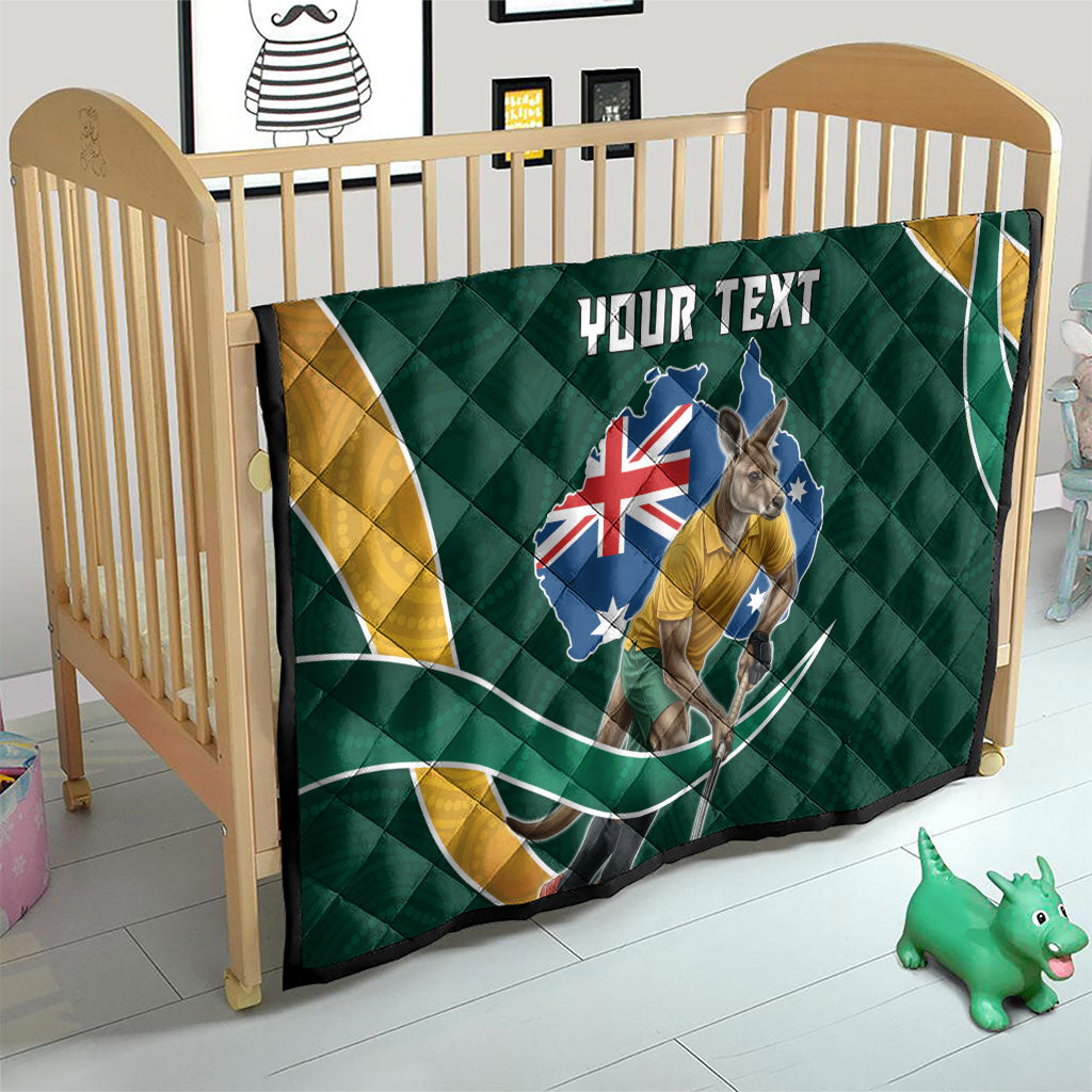 Personalized Kookaburras Field Hockey Kangaroo Quilt Australian Flag Map With Abstract Green And Gold Wave Pattern