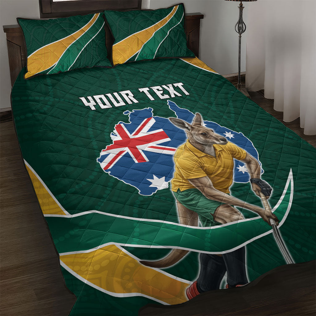 Personalized Kookaburras Field Hockey Kangaroo Quilt Bed Set Australian Flag Map With Abstract Green And Gold Wave Pattern