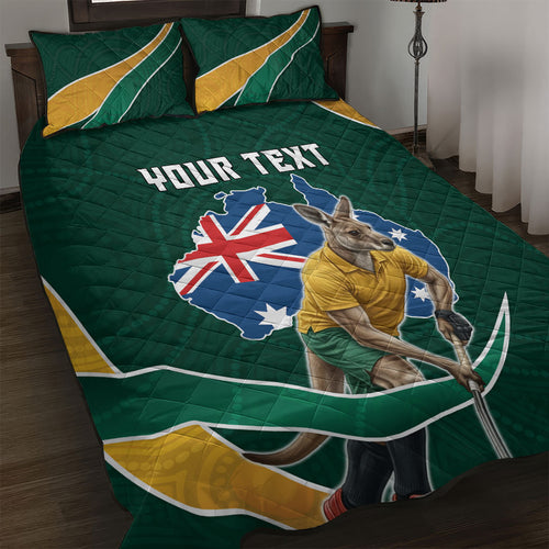 Personalized Kookaburras Field Hockey Kangaroo Quilt Bed Set Australian Flag Map With Abstract Green And Gold Wave Pattern