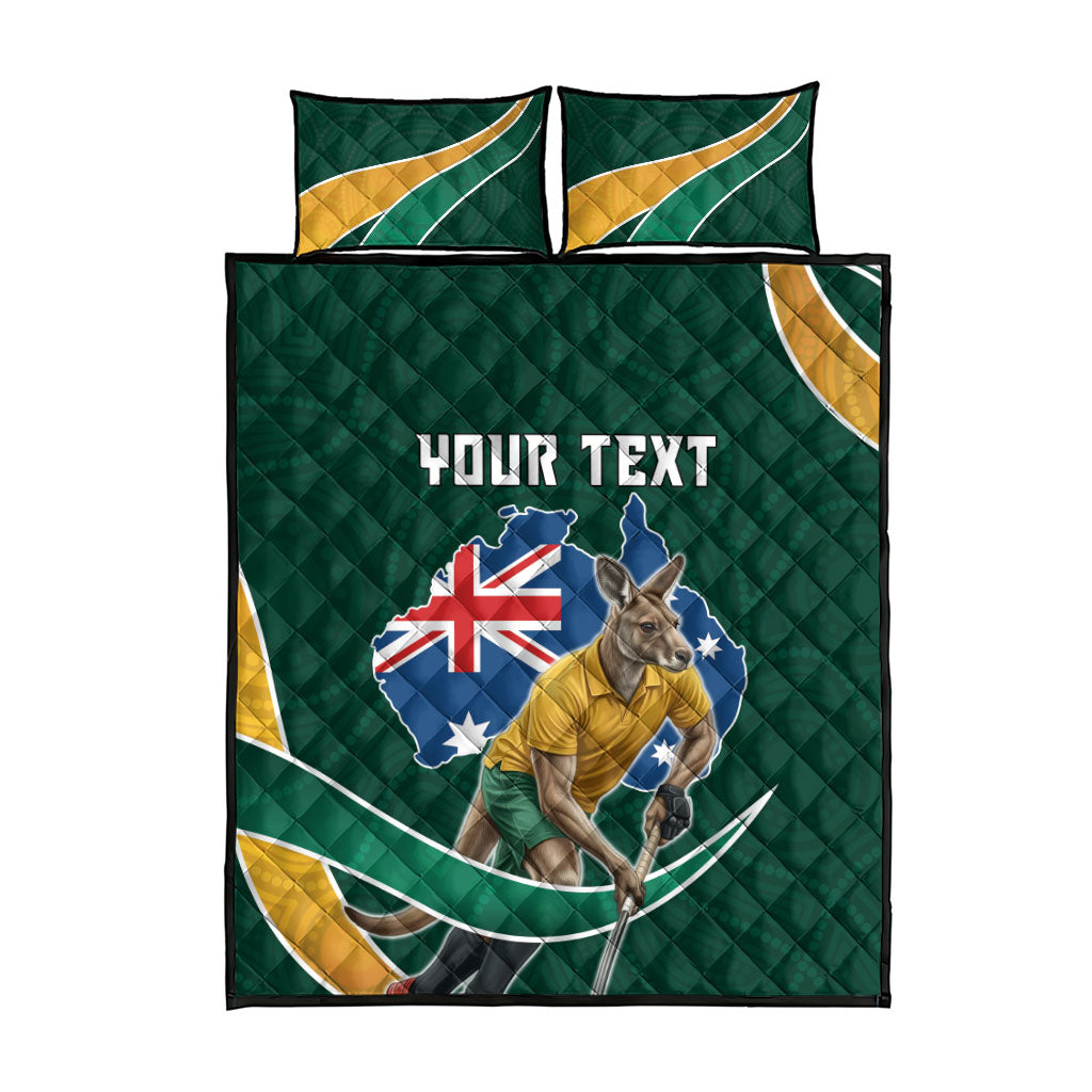 Personalized Kookaburras Field Hockey Kangaroo Quilt Bed Set Australian Flag Map With Abstract Green And Gold Wave Pattern