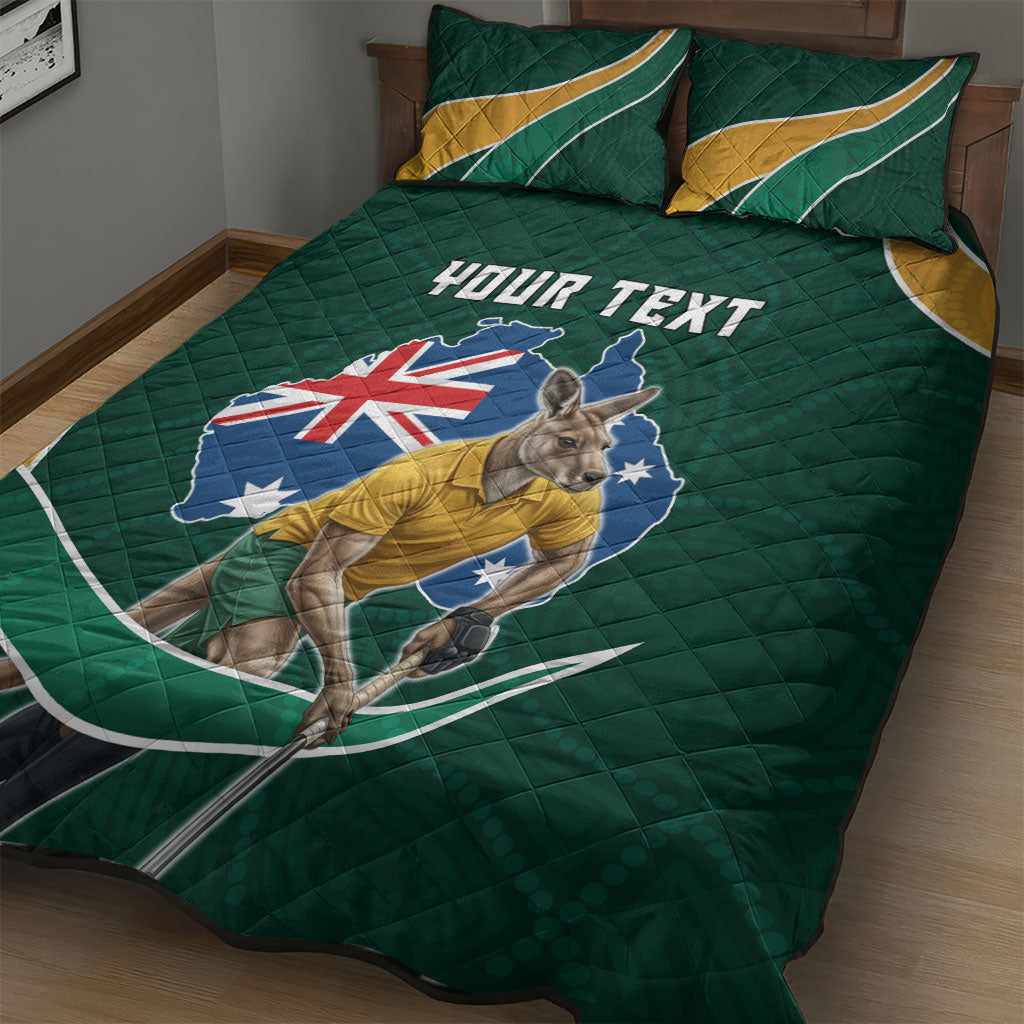 Personalized Kookaburras Field Hockey Kangaroo Quilt Bed Set Australian Flag Map With Abstract Green And Gold Wave Pattern
