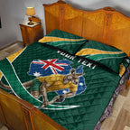 Personalized Kookaburras Field Hockey Kangaroo Quilt Bed Set Australian Flag Map With Abstract Green And Gold Wave Pattern