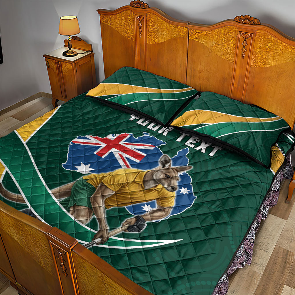 Personalized Kookaburras Field Hockey Kangaroo Quilt Bed Set Australian Flag Map With Abstract Green And Gold Wave Pattern