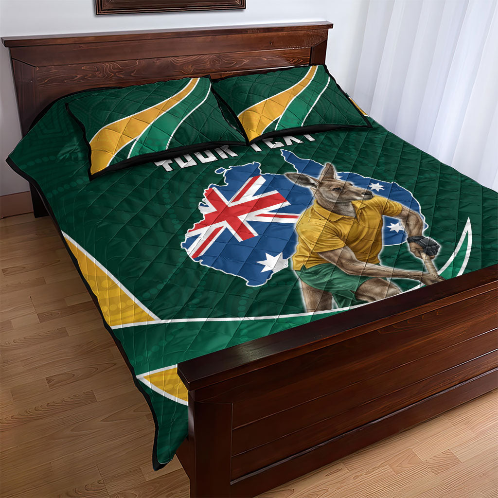 Personalized Kookaburras Field Hockey Kangaroo Quilt Bed Set Australian Flag Map With Abstract Green And Gold Wave Pattern