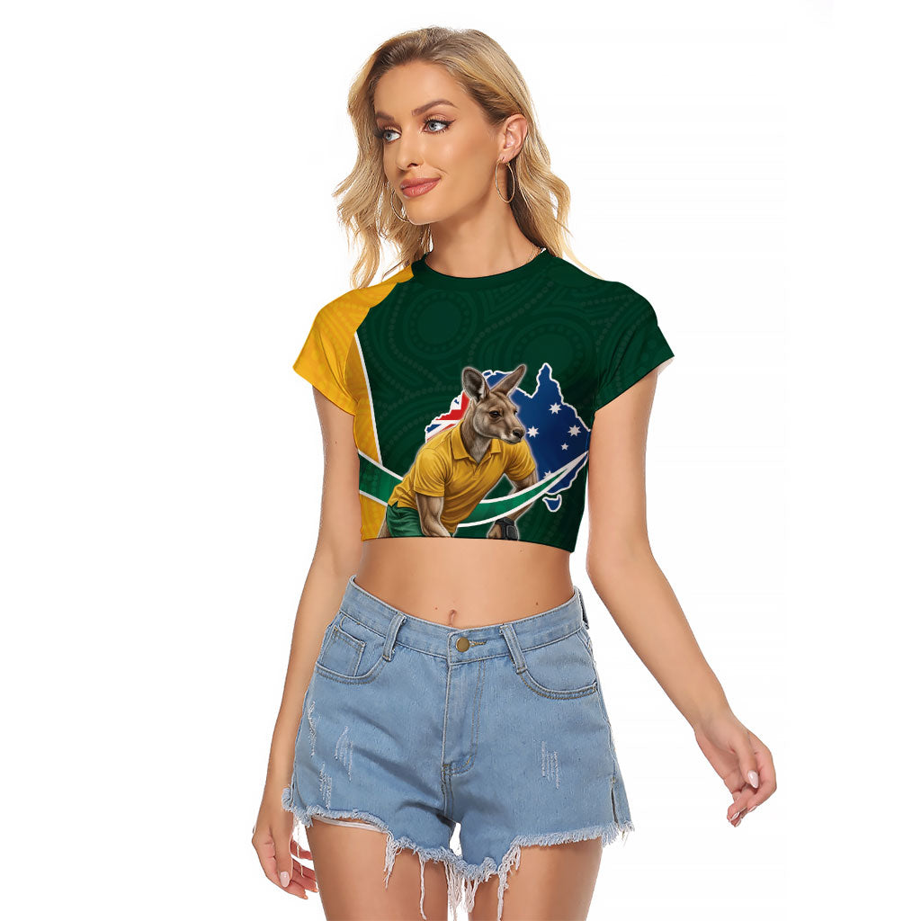 Personalized Kookaburras Field Hockey Kangaroo Raglan Cropped T Shirt Australian Flag Map With Abstract Green And Gold Wave Pattern