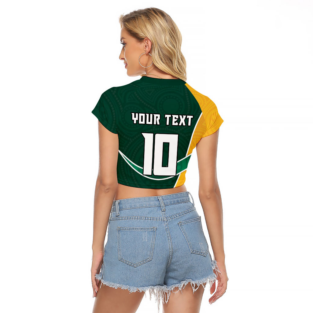 Personalized Kookaburras Field Hockey Kangaroo Raglan Cropped T Shirt Australian Flag Map With Abstract Green And Gold Wave Pattern