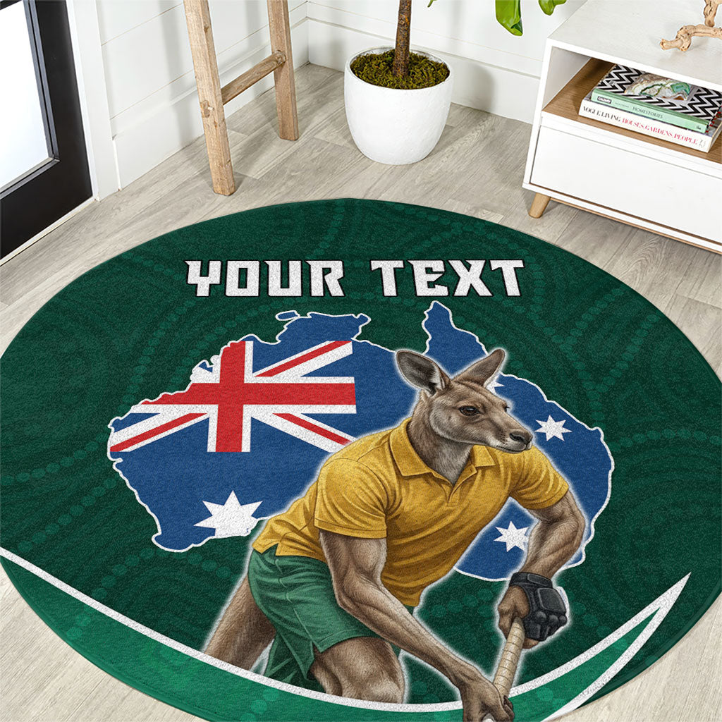 Personalized Kookaburras Field Hockey Kangaroo Round Carpet Australian Flag Map With Abstract Green And Gold Wave Pattern