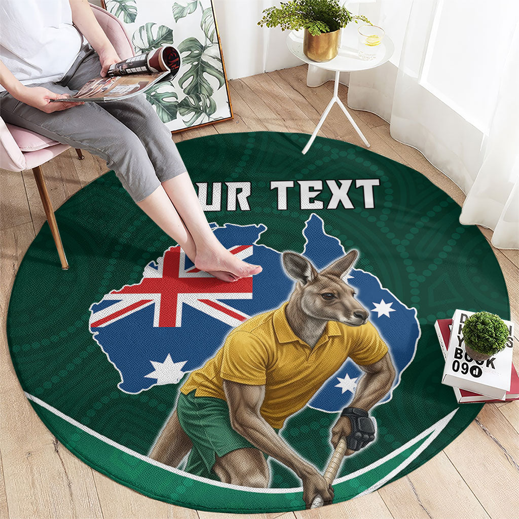 Personalized Kookaburras Field Hockey Kangaroo Round Carpet Australian Flag Map With Abstract Green And Gold Wave Pattern