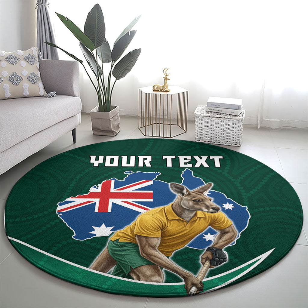 Personalized Kookaburras Field Hockey Kangaroo Round Carpet Australian Flag Map With Abstract Green And Gold Wave Pattern