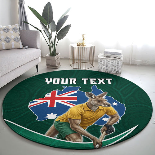 Personalized Kookaburras Field Hockey Kangaroo Round Carpet Australian Flag Map With Abstract Green And Gold Wave Pattern
