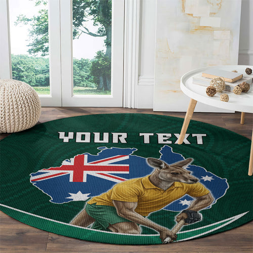 Personalized Kookaburras Field Hockey Kangaroo Round Carpet Australian Flag Map With Abstract Green And Gold Wave Pattern