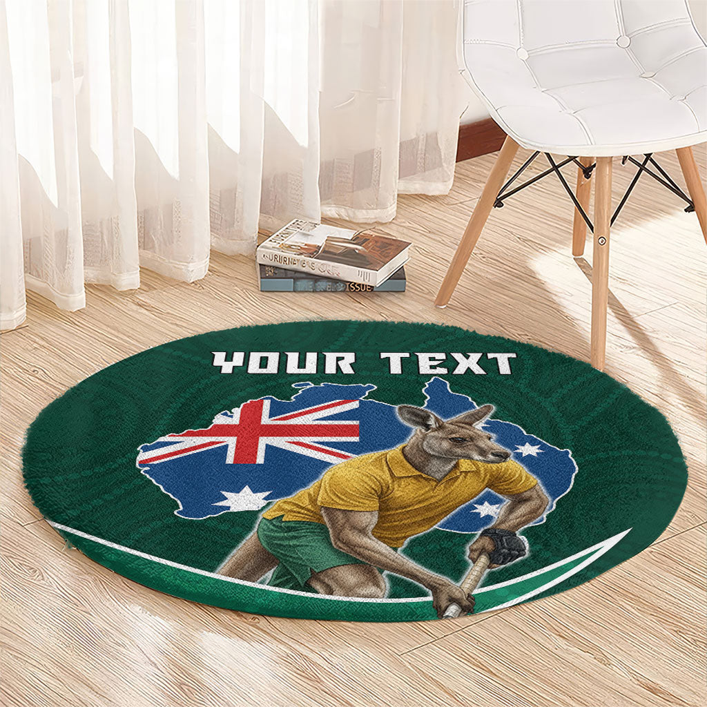Personalized Kookaburras Field Hockey Kangaroo Round Carpet Australian Flag Map With Abstract Green And Gold Wave Pattern