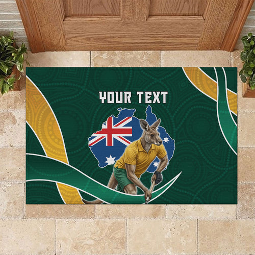 Personalized Kookaburras Field Hockey Kangaroo Rubber Doormat Australian Flag Map With Abstract Green And Gold Wave Pattern
