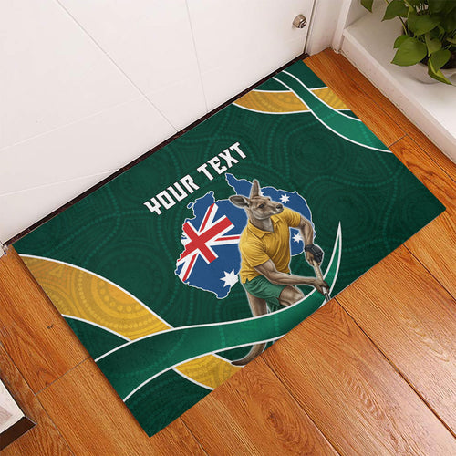 Personalized Kookaburras Field Hockey Kangaroo Rubber Doormat Australian Flag Map With Abstract Green And Gold Wave Pattern