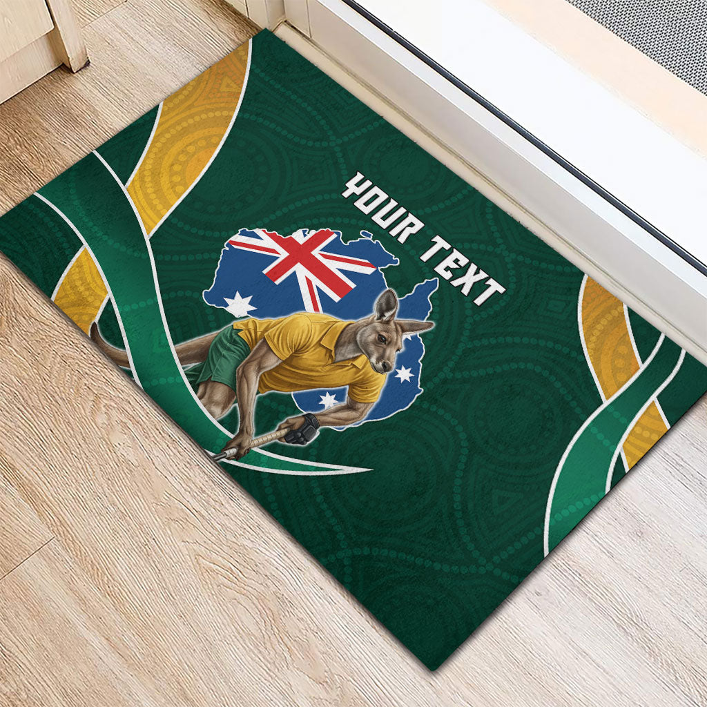 Personalized Kookaburras Field Hockey Kangaroo Rubber Doormat Australian Flag Map With Abstract Green And Gold Wave Pattern