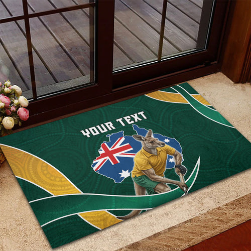 Personalized Kookaburras Field Hockey Kangaroo Rubber Doormat Australian Flag Map With Abstract Green And Gold Wave Pattern