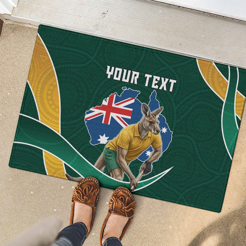 Personalized Kookaburras Field Hockey Kangaroo Rubber Doormat Australian Flag Map With Abstract Green And Gold Wave Pattern