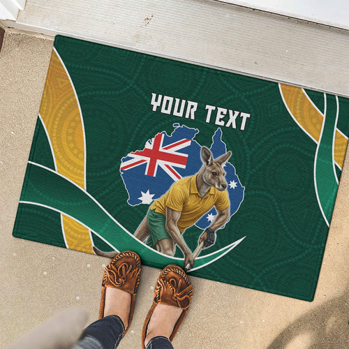 Personalized Kookaburras Field Hockey Kangaroo Rubber Doormat Australian Flag Map With Abstract Green And Gold Wave Pattern