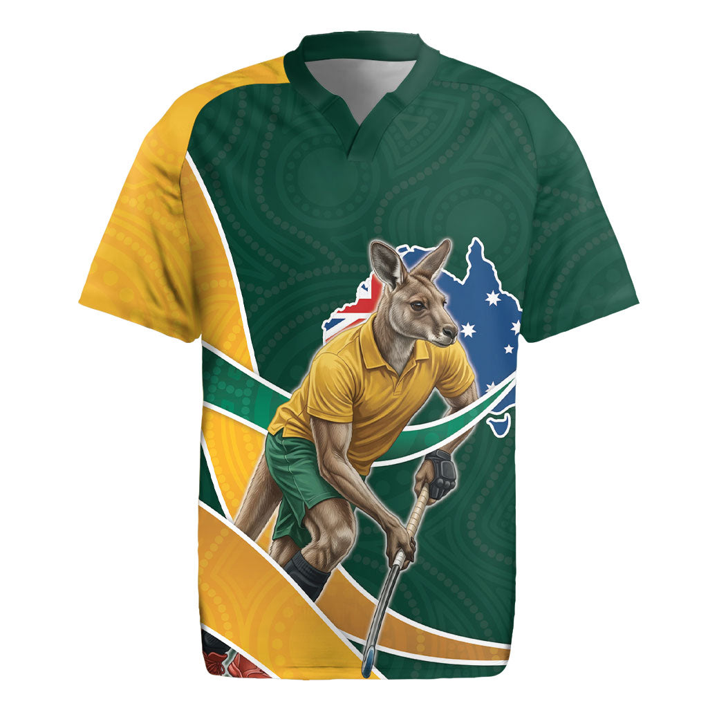 Personalized Kookaburras Field Hockey Kangaroo Rugby Jersey Australian Flag Map With Abstract Green And Gold Wave Pattern