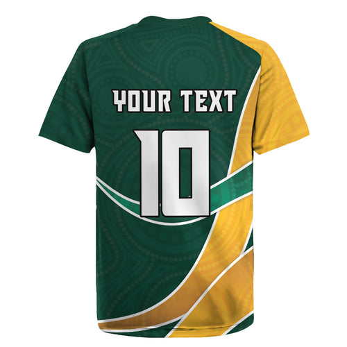 Personalized Kookaburras Field Hockey Kangaroo Rugby Jersey Australian Flag Map With Abstract Green And Gold Wave Pattern