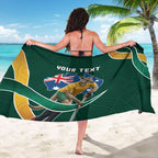 Personalized Kookaburras Field Hockey Kangaroo Sarong Australian Flag Map With Abstract Green And Gold Wave Pattern