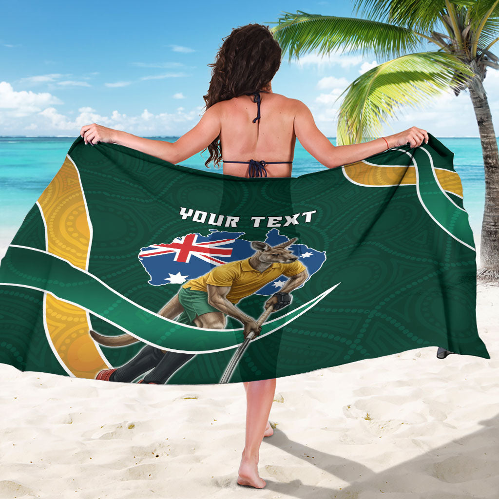 Personalized Kookaburras Field Hockey Kangaroo Sarong Australian Flag Map With Abstract Green And Gold Wave Pattern