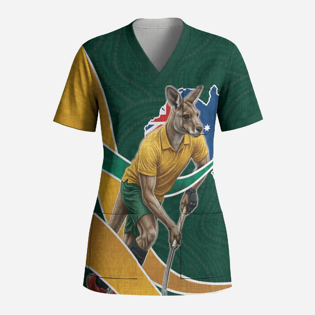 Personalized Kookaburras Field Hockey Kangaroo Scrub Top Australian Flag Map With Abstract Green And Gold Wave Pattern