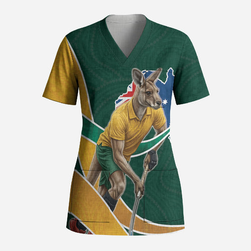 Personalized Kookaburras Field Hockey Kangaroo Scrub Top Australian Flag Map With Abstract Green And Gold Wave Pattern