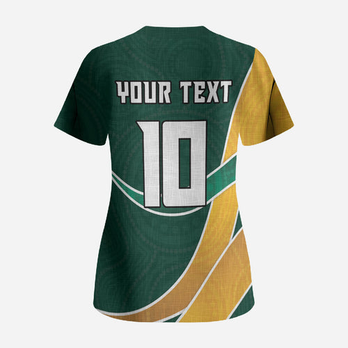 Personalized Kookaburras Field Hockey Kangaroo Scrub Top Australian Flag Map With Abstract Green And Gold Wave Pattern