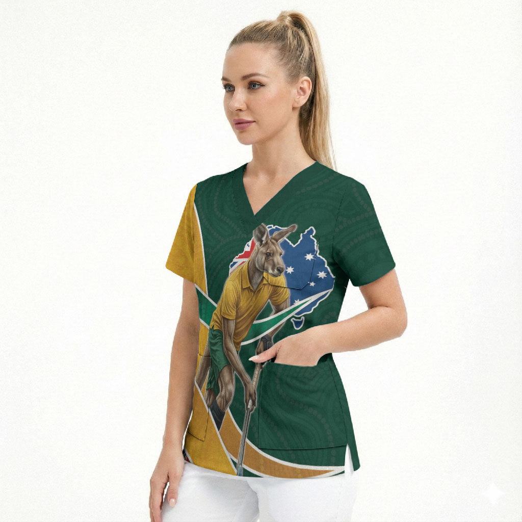 Personalized Kookaburras Field Hockey Kangaroo Scrub Top Australian Flag Map With Abstract Green And Gold Wave Pattern