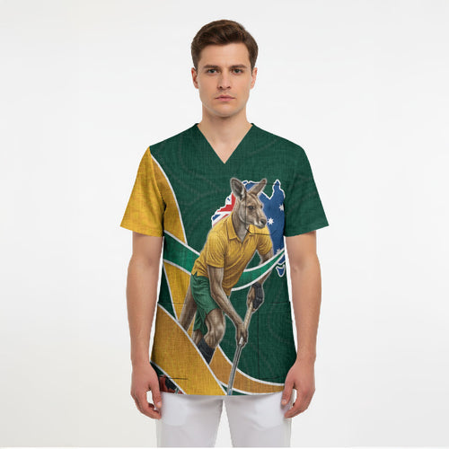 Personalized Kookaburras Field Hockey Kangaroo Scrub Top Australian Flag Map With Abstract Green And Gold Wave Pattern