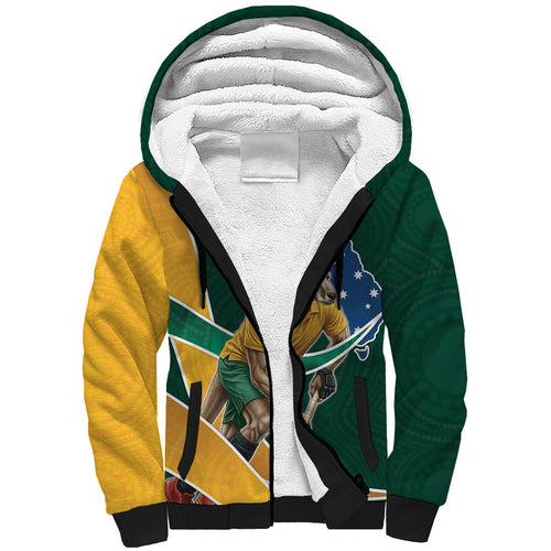 Personalized Kookaburras Field Hockey Kangaroo Sherpa Hoodie Australian Flag Map With Abstract Green And Gold Wave Pattern
