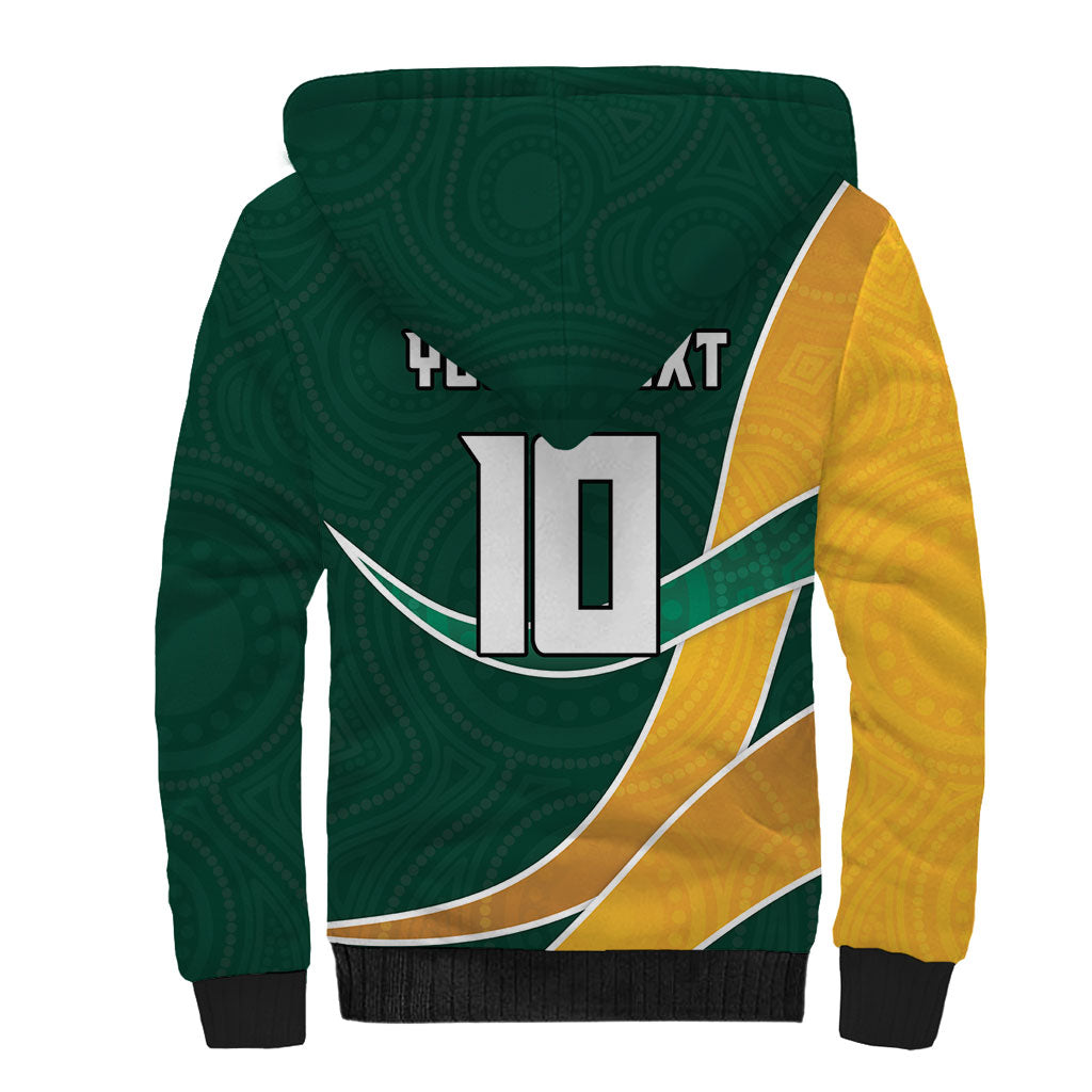 Personalized Kookaburras Field Hockey Kangaroo Sherpa Hoodie Australian Flag Map With Abstract Green And Gold Wave Pattern