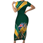 Personalized Kookaburras Field Hockey Kangaroo Short Sleeve Bodycon Dress Australian Flag Map With Abstract Green And Gold Wave Pattern