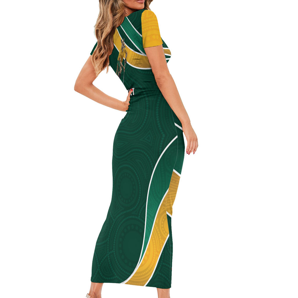 Personalized Kookaburras Field Hockey Kangaroo Short Sleeve Bodycon Dress Australian Flag Map With Abstract Green And Gold Wave Pattern