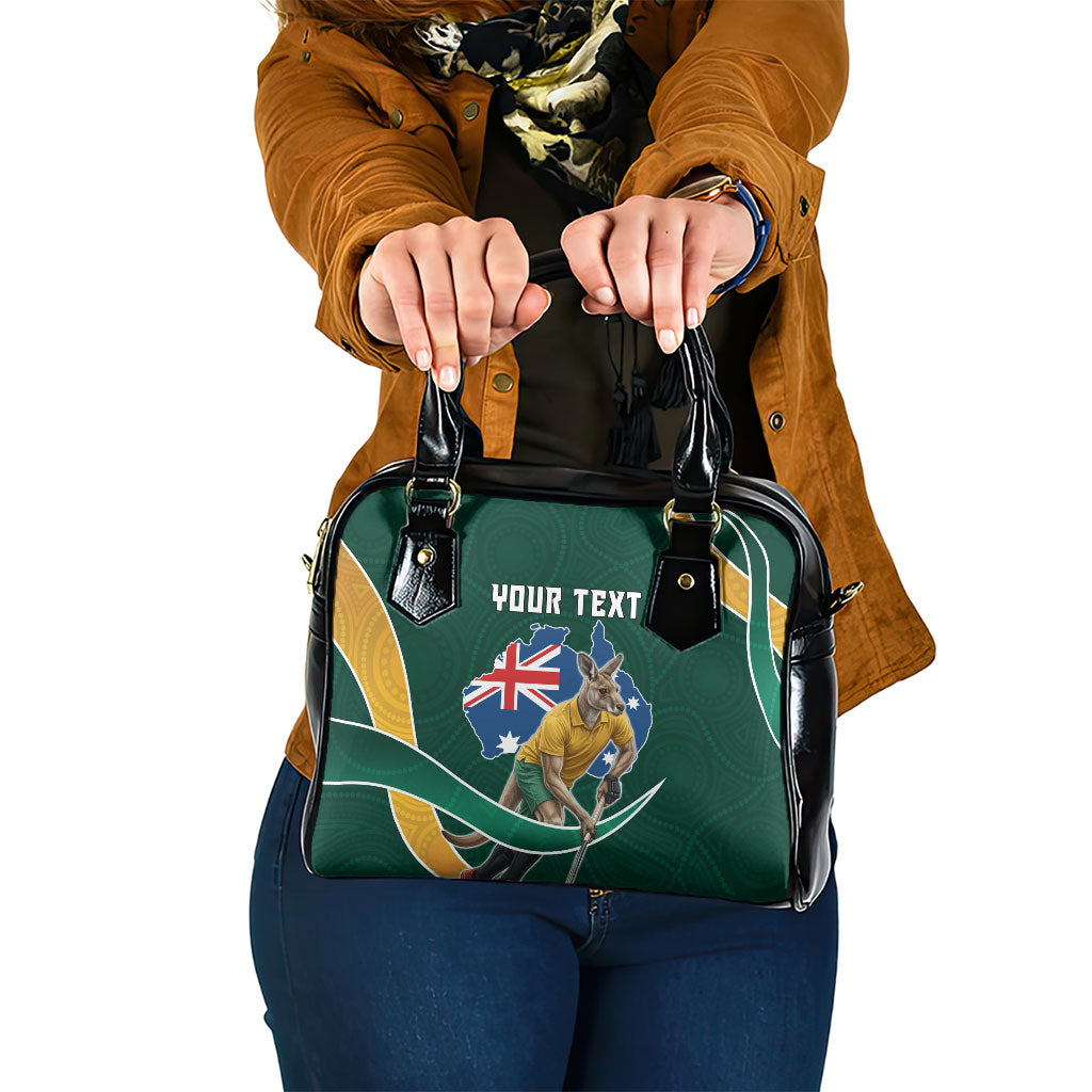 Personalized Kookaburras Field Hockey Kangaroo Shoulder Handbag Australian Flag Map With Abstract Green And Gold Wave Pattern