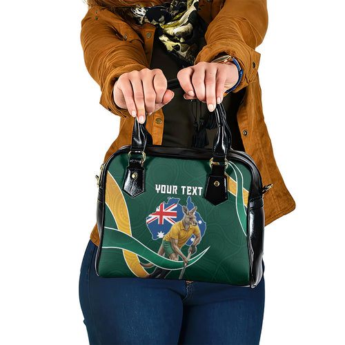 Personalized Kookaburras Field Hockey Kangaroo Shoulder Handbag Australian Flag Map With Abstract Green And Gold Wave Pattern